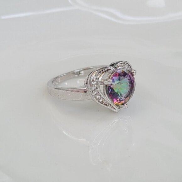 Vintage Boho Sterling Silver Mystic Topaz Heart Ring Size 8 - Picture 2 of 8
